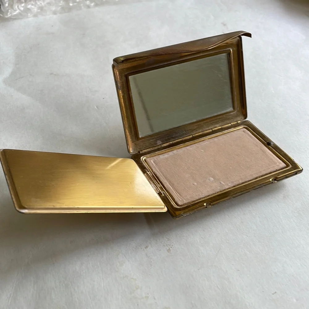 Vintage powder compact case gold tone metal mirror